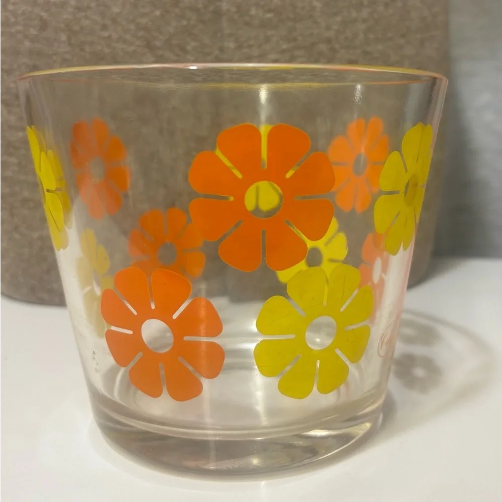 Vintage 1970’s Retro Floral Glass Ice Bucket- Orange and Yellow Flowers